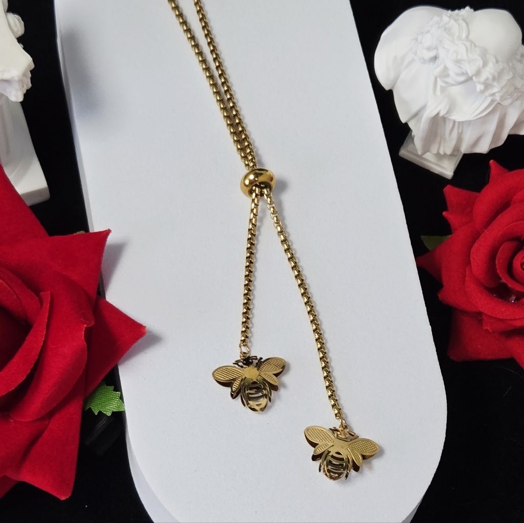 Gold Honey Bee Lariat Necklace Stainless Steel Bee Pendant Nature Jewelry